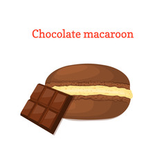 Vector illustration of a delicious French dessert. Macaroon chocolate with cream. Macaron delicious chocolate sweetness isolated on white background to design a menu packaging confectionery decoration