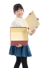 asian girl opening gift present box on white background isolated