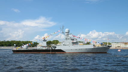 A warship at anchor.