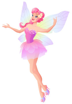 Pink fairy with butterfly wings flying and presenting. Vector illustration.
