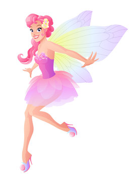 Cute flying fairy in pink flower dress with butterfly wings