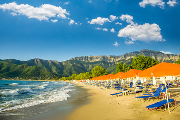 Fototapeta na wymiar Psili Ammos beach, Thassos island, Greece. It is known as Golden beach. It is situated between Skala Panagia and Skala Potamia.