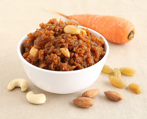 Carrot halwa, an Indian traditional and popular sweet dish, which is typically made on the day of festivals like Diwali. Jaggery is used instead of sugar to make the food healthier.