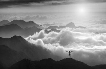 Above the sea of clouds. Black and white