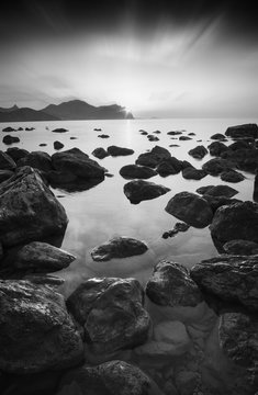 Fototapeta Black sea sunrise. Monochrome