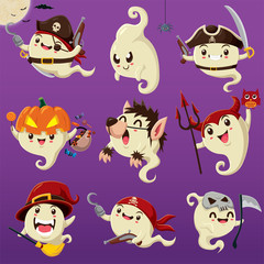 Vintage Halloween poster design with vector ghost pirate, witch, wolfman, reaper, devil character.