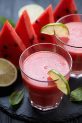 Close-up of glasses with fresh watermelon smoothies, studio shot