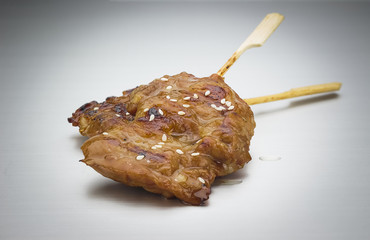 focus Thai food grilled pork on .Aluminum bronze