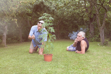 Seniors smoking marijuana and relaxing in the garden