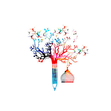 Colorful pencil tree vector illustration with hummingbirds. Design for creative writing and creation, storytelling, blogging, education, book cover, article and website content writing, copywriting