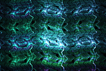 Abstract distorted geometrical ornament on black background. Fantasy fractal texture in light blue and green colors. 3D rendering.