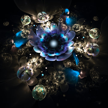 Abstract 3d flowers on black background. Creative fractal design in blue, violet and beige colors.