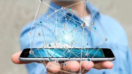 Businessman holding abstract connection interface over phone 3D