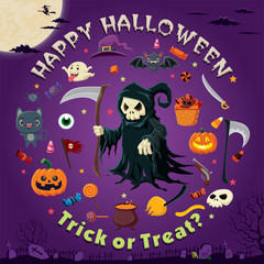 Vintage Halloween poster design with vector reaper character.
