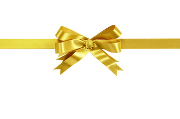 Gold bow gift ribbon straight horizontal banner border isolated on white background for birthday or christmas gift decoration design photo