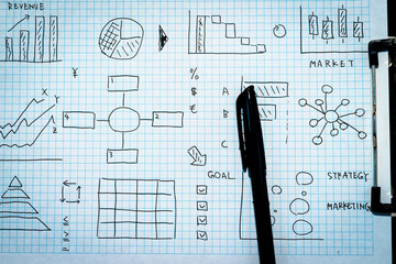 Business image, handwritten business graphs and charts