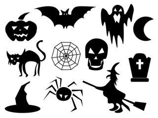 Halloween black silhouettes. Happy halloween night icons, bat and cat, hat and spider