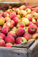 Crate of apples at the market.
A lot of healthy food.
