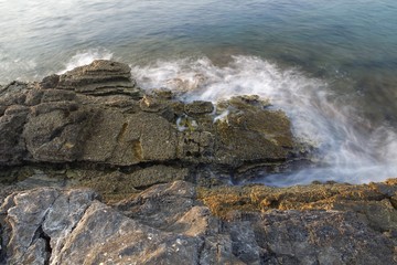Aegean shore in Greece, Thassos island - waves and rocks - long exposure photography