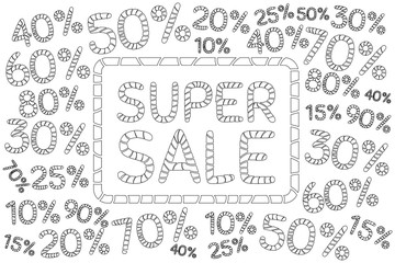 Super sale. Discount price off and sales design template. Shopping and low price symbols. 10,20,30,40,50,60,70,80,90 percent sale. Vector illustration.