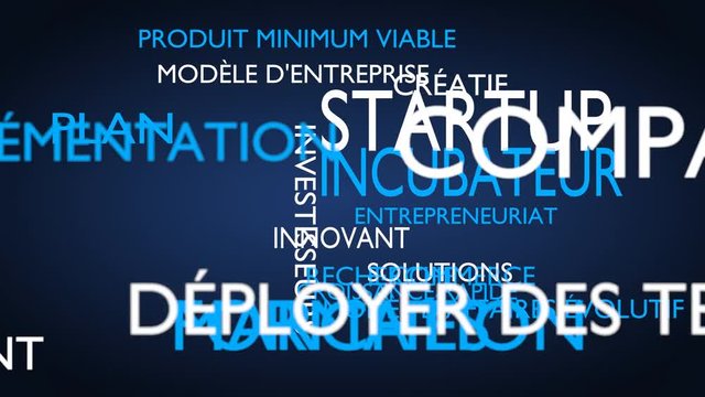 Startup, incubator word tag cloud - blue, French variant, 3D rendering, UHD