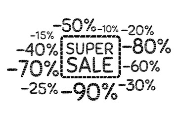 Super sale. Discount price off and sales design template. Shopping and low price symbols. 10,20,30,40,50,60,70,80,90 percent sale. Vector illustration.