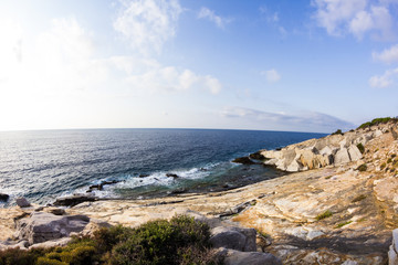 Fototapeta na wymiar Aegean seashore and marble rocks in Aliki, Thassos island, Greece