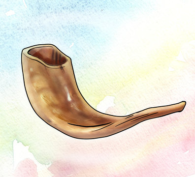 Shofar. Holiday poster with shofar - horn. Watercolor illustration. For Jewish Holiday: Yom Kippur, Rosh Hashana, Sukkot.