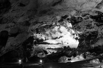 Scene from the amazing bulgarian cave Magura. Black and white photography