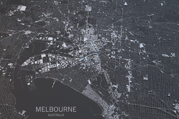 Fototapeta premium Mapa Melbourne, widok satelitarny, miasto, Australia. Renderowanie 3d
