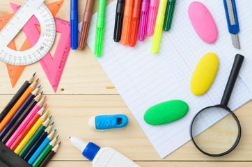 School stationery with notebook copyspace