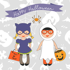 Happy Halloween card with two kids in costumes