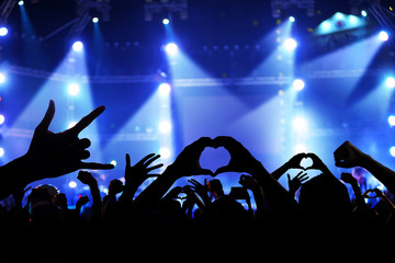 Silhouette of a crowd of cheering fans during a live concert, li
