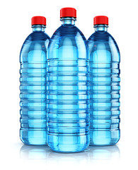 Naklejka premium Group of blue plastic drink water bottles