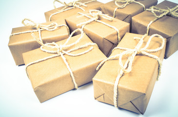 Rustic parcels gift box with kraft paper.