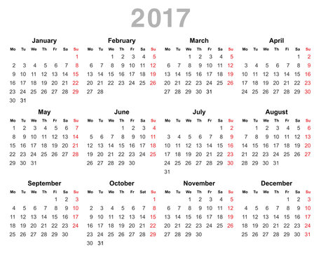 2017 year annual calendar (Monday first, English)