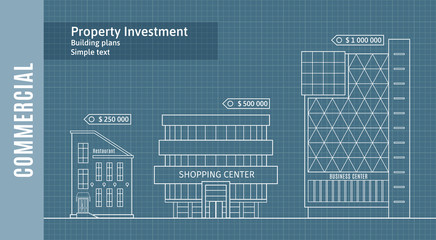 Silhouettes of buildings on the drawing paper, Commercial Real Estate Infographics . Vector illustration.