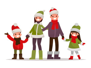 Happy family dressed in winter clothes on a white background. Ve