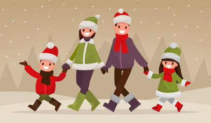 Walking happy family outdoors in winter. Vector illustration