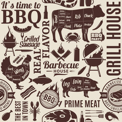 Typographic vector barbecue seamless pattern or background - obrazy, fototapety, plakaty
