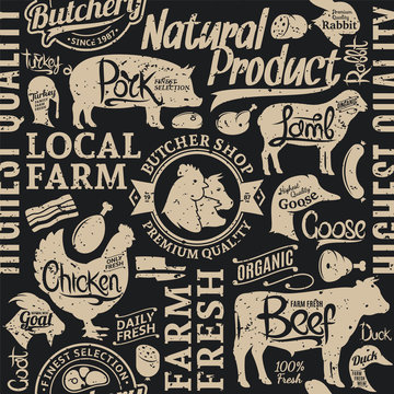 Retro styled typographic vector butchery seamless pattern