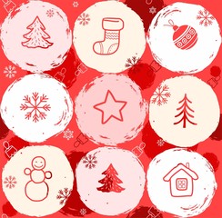 Snow globes, seamless background, red. Vector colored background with white and pink Christmas balls on a red field. Contour depicted on balls, Christmas drawings. 
