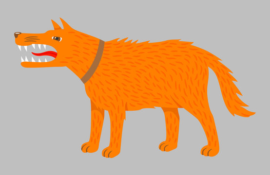 Angry ginger dog. Vector on grey. Agressive dog with sharp teeth