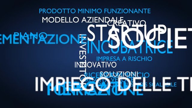 Startup, incubator word tag cloud - blue, Italian variant, 3D rendering, UHD