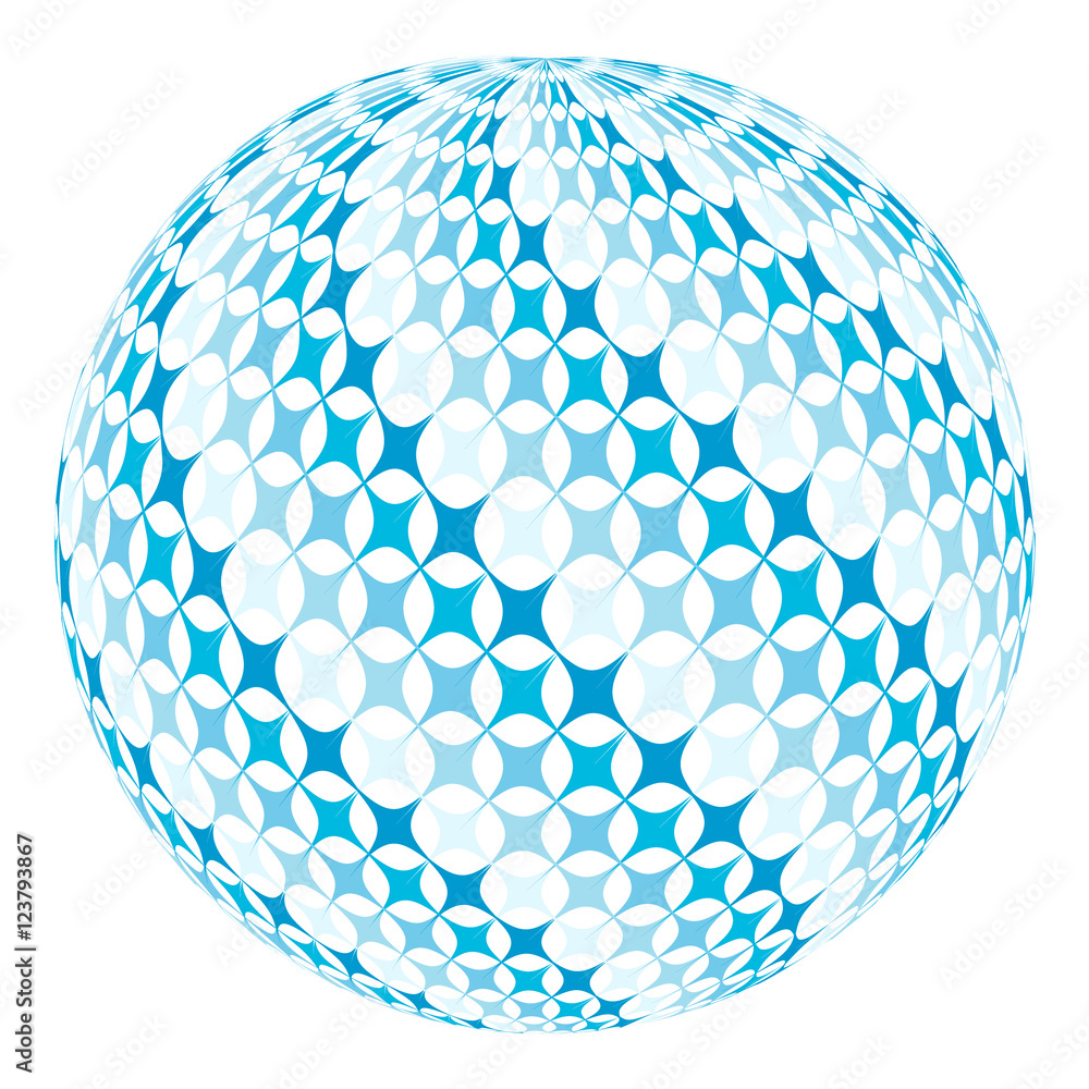 Poster ball with diagonal square swirl, blue stars on the globe planet, 3d and vector illustration for prin