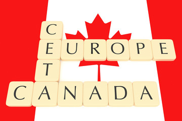 Letter Tiles: CETA, Europe, Canada With Canadian Flag, 3d illustration