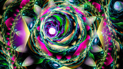Exotic flower. Whirlpool in time. 3D surreal illustration. Sacred geometry. Mysterious psychedelic relaxation pattern. Fractal abstract texture. Digital artwork graphic astrology magic