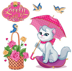 Cute funny white cat with umbrella. Set with animal, birds, flower basket. Decorative style toy, doll. Wonderland Magic, fabulous story. Isolated children's cartoon illustration, for stickers. Vector.