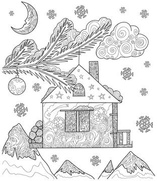 Hand drawn vector stock illustration of Christmas fir with decoration in form a house and balls in doodle style for anti stress adult coloring book.