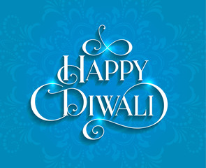 Beautiful lettering calligraphy white text with a shadow. Calligraphy inscription Happy Diwali festival India design invitation blue background. Vector illustration EPS 10